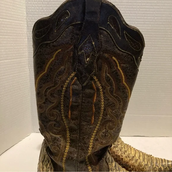 Women’s Brown Leather With Tan Python And Embroidery Pull On Cowboy Boots SZ 8.5 - Picture 7 of 11